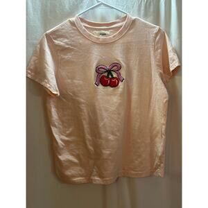Pink Cherry Bow Graphic Tee – XL – Fluffy Embroidered Detail